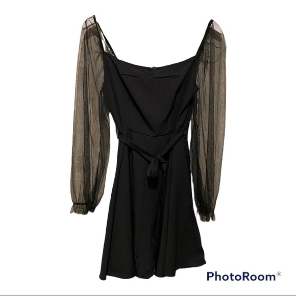 Shein Black Belted Dress With Mesh Puff Sleeves | Size 4 - Picture 1 of 9